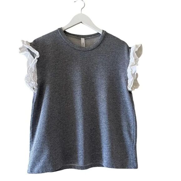 Jolie Heather Gray White Embroidered Ruffled Sleeves SZ L/XL # 1537 - Picture 1 of 12
